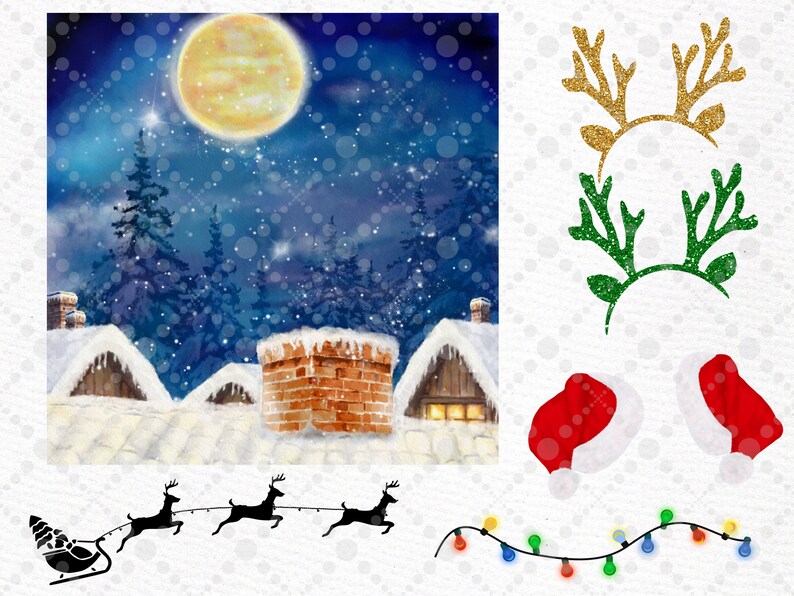 May include: A snowy winter scene with a full moon, a brick chimney, and three reindeer pulling a sleigh. There are also two red Santa hats, a string of Christmas lights, and two sets of reindeer antlers.