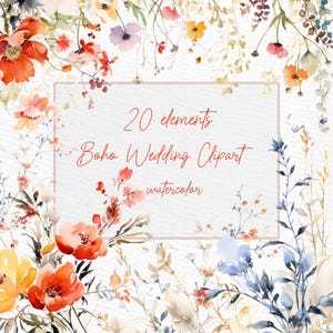 Aquarell Wiesenblumen: "Boho Wildblumen" Aquarell Pfingstrose Hochzeitseinladungen Feld Wiese Blumen Png Floral Borders Premade Clipart
