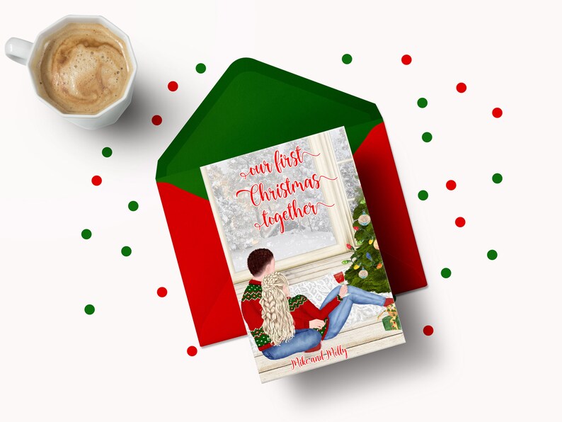 May include: A Christmas card featuring a couple in winter attire sitting by a window with a decorated Christmas tree. The text reads "our first Christmas together" with the names Mike and Molly at the bottom.