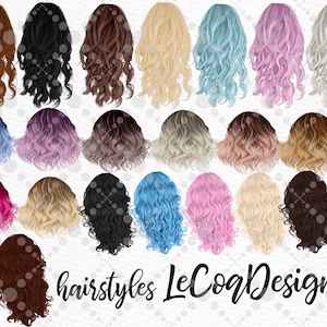 May include: A set of 27 digital illustrations of different hairstyles for women. The hairstyles are all curly and come in a variety of colors, including brown, blonde, pink, blue, and purple. The illustrations are perfect for use in digital design projects, such as creating avatars, social media graphics, or website designs.