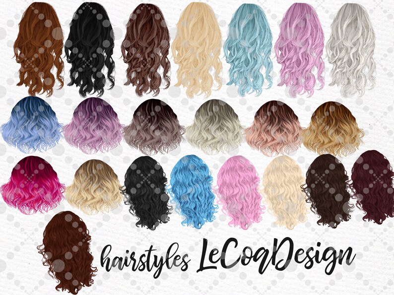 May include: A set of 27 digital illustrations of different hairstyles for women. The hairstyles are all curly and come in a variety of colors, including brown, blonde, pink, blue, and purple. The illustrations are perfect for use in digital design projects, such as creating avatars, social media graphics, or website designs.