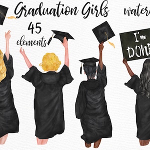 Clipart de formatura: "GRADUATING GIRLS" Aquarela meninas Formatura Chapéu Graduação Toga Planner Adesivos Estilos de cabelo Graduação Faculdade Sênior