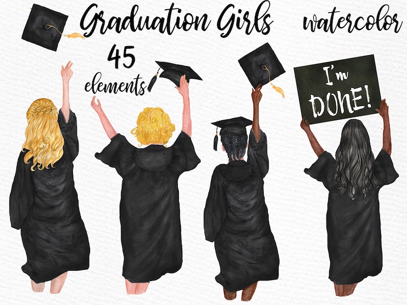 Graduation Clipart: "GRADUATING GIRLS" Watercolor girls Graduation Hat Graduation Toga Planner Stickers Hair Styles Grad College Senior image 1