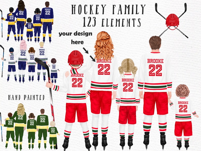May include: A digital illustration of a hockey family with 123 elements. The family is wearing white, red, and green hockey jerseys with the number 22 on the back. The family is standing on a white background. The text "HOCKEY FAMILY 123 ELEMENTS" is at the top of the image. The text "your design here" is in the middle of the image. The text "HAND PAINTED" is at the bottom of the image.