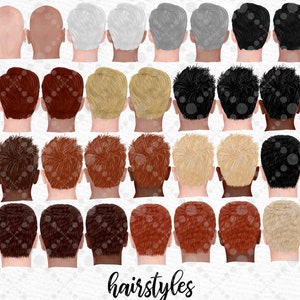 May include: A set of 24 different hairstyles for men, shown from the back. The hairstyles are in various colors, including black, brown, blonde, and gray.