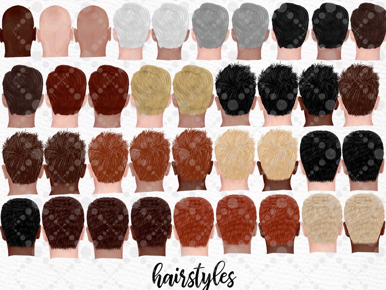 May include: A set of 24 different hairstyles for men, shown from the back. The hairstyles are in various colors, including black, brown, blonde, and gray.