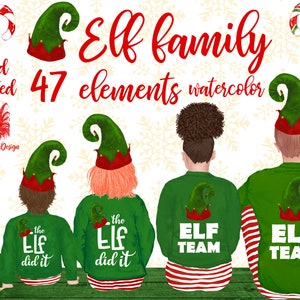Kerst pyjama clipart: "FAMILIE PORTRET CLIPART" Elf clipart Santa kleine helper Familie Kerst Ouders en Kinderen Hond clipart