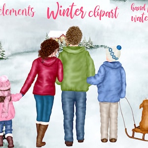 Clipart de Navidad: "FAMILY CLIPART" Invierno familia Invierno paisaje de Navidad Navidad Tarjetas Pino árbol Bosque Padres y niños taza diseño Navidad Gráfico