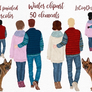 Paren Clipart: "vriend en VRIENDIN" mensen cijfers aangepaste paren winter clipart onze eerste kerst hond familie aquarel mensen