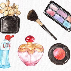May include: A set of six watercolor illustrations of makeup and perfume products. The set includes a black eyeshadow palette, a blush compact, a black perfume bottle with a flower design, a heart-shaped perfume bottle, a blue perfume bottle with the word "LOVE" on it, and a black makeup brush.