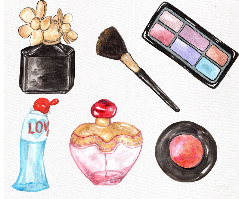 May include: A set of six watercolor illustrations of makeup and perfume products. The set includes a black eyeshadow palette, a blush compact, a black perfume bottle with a flower design, a heart-shaped perfume bottle, a blue perfume bottle with the word "LOVE" on it, and a black makeup brush.