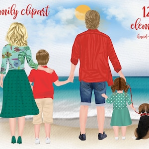 Clipart familiar: "SUMMER FAMILY CLIPART" Familia con perro Papá Mamá Niños Acuarela personas Hermanos clipart Familia Mug diseños Sublimación