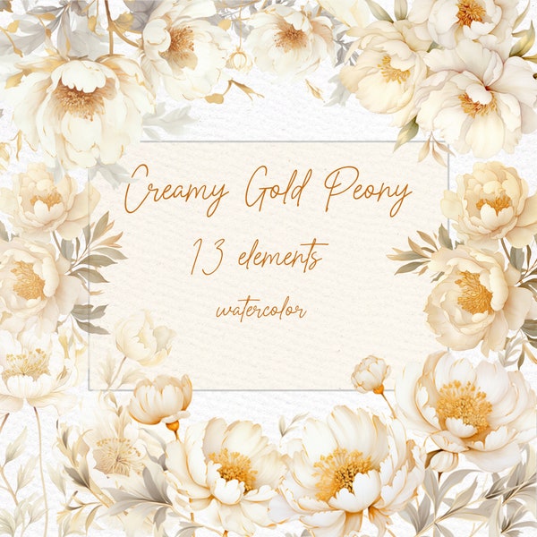 Beige Gold Peony clipart: "WATERCOLOR CREAM PEONY" Gold peonies clipart Rustic Beige Flowers Floral Borders Premade Clipart Wedding Clipart