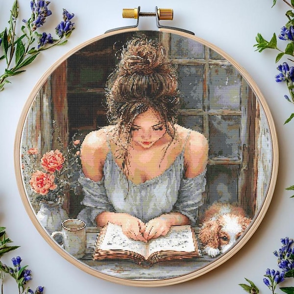 Girl Reading Book Cross Stitch Pattern: "GIRL WITH BOOK" Girl Cross Stitch Pdf Reading girl cross stitch pattern Girl with dog Cross Stitch