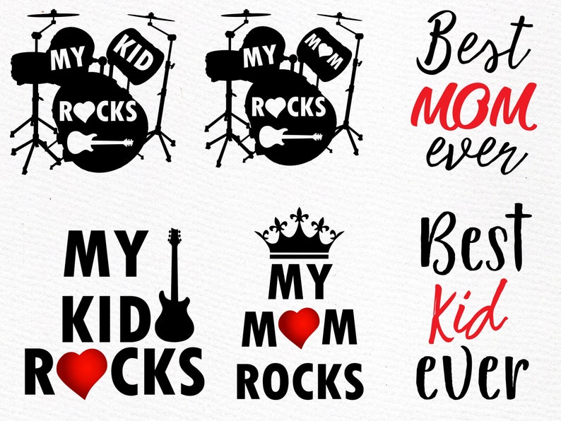Op de afbeelding: Zwart-wit grafisch ontwerp met de tekst "My Kid Rocks" en een rood hart. Het ontwerp bevat ook een zwart-wit drumstel met een gitaar. De tekst "Best Mom Ever" is geschreven in zwarte cursieve letters met een rood hart in het woord "Mom".