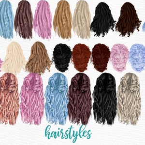 May include: A set of 30 digital illustrations of different hairstyles for women. The hairstyles are in various colors, including pink, blue, brown, blonde, and black. The hairstyles are all long and flowing, with some featuring braids or buns.