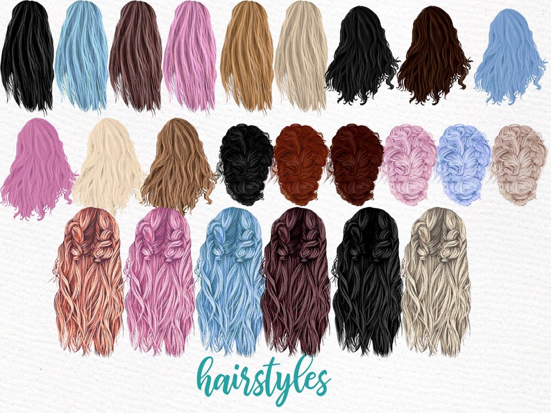 May include: A set of 30 digital illustrations of different hairstyles for women. The hairstyles are in various colors, including pink, blue, brown, blonde, and black. The hairstyles are all long and flowing, with some featuring braids or buns.
