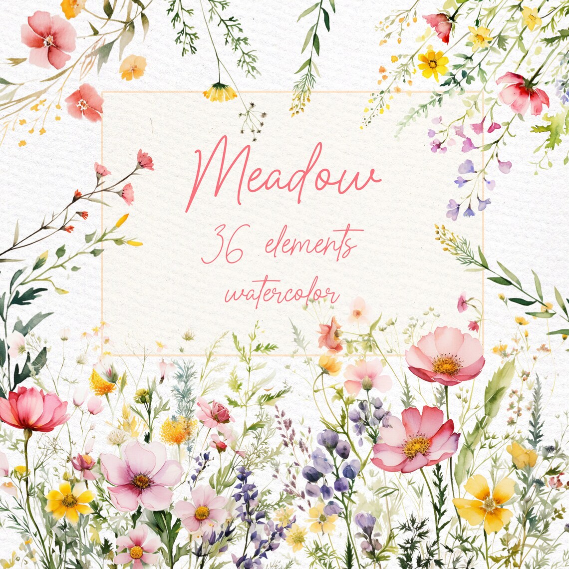Watercolor Spring Flowers Clipart: Wild Meadow Floral PNG (36 Elements ...
