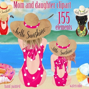 Mama und Tochter Clipart: "SUMMER BEACH CLIPART" Strand Strohhut Bademode Mädchen Schwimmsuiten Clipart Urlaub Clipart Familie Strand Clipart