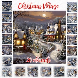 Clipart Village de Noël : « PAYSAGES DE NOËL » Paysage enneigé Paysage d’hiver Mug Design DIY Carte de Noël Fond de Noël