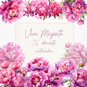 Imágenes prediseñadas de flores de color rosa vibrante: "PEONÍAS ROSAS DE ACUARELA" Flor rosa fucsia Flor rosa caliente Bordes florales Png Flor rosa brillante Prefabricado Png