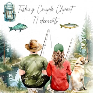 Clipart de pêche : « FISHING COUPLES CLIPART » Pêche en famille Paysage de lac Graphiques de pêche Pêche en famille Pêche à l'aquarelle Sport de plein air