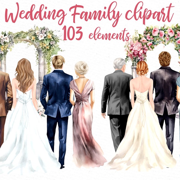 Wedding Family clipart: "BRIDE AND GROOM" Bride Groom and Parents Married Couple Wedding day clipart Bride with parents Groom with Parents