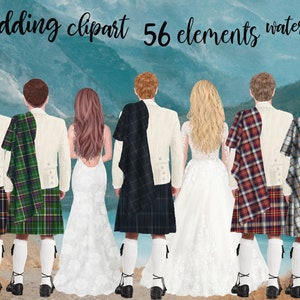 Clipart de boda: "MEN IN KILTS" Novia y novio Ilustraciones de boda escocesas Save the date Wedding invita a Tartan clipart