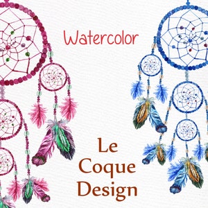 May include: Two watercolor dreamcatchers with feathers. The dreamcatcher on the left is pink and the dreamcatcher on the right is blue. The text "Watercolor Le Coque Design" is written in brown below the dreamcatchers.