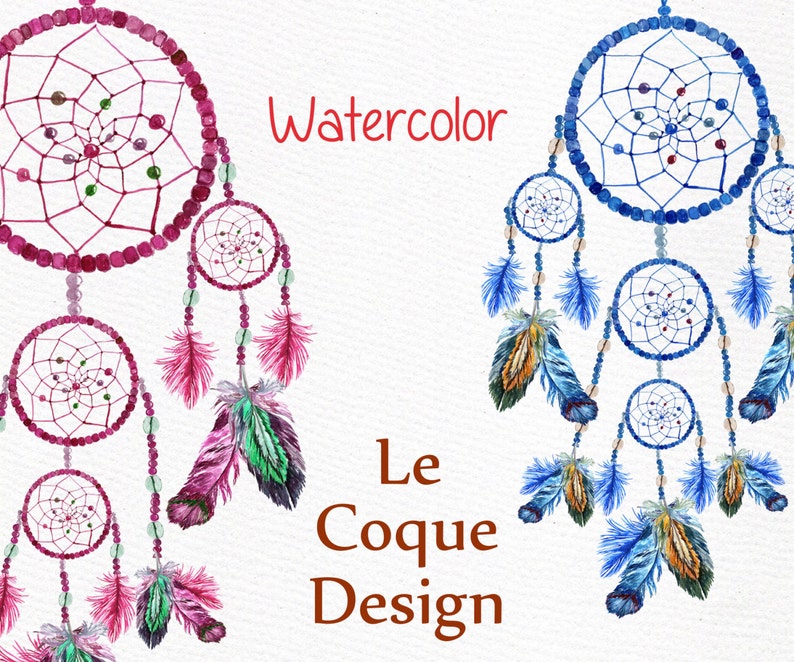 May include: Two watercolor dreamcatchers with feathers. The dreamcatcher on the left is pink and the dreamcatcher on the right is blue. The text "Watercolor Le Coque Design" is written in brown below the dreamcatchers.
