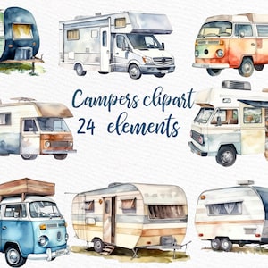 Klipart - kamper: "KLIPARTY MOTORHOME" Dom na kółkach Przyczepa kempingowa clipart Retro van Png Pojazd kempingowy png Kamper Png Życie w kamperze png