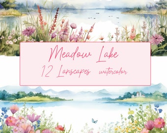 草原の湖のクリップアート：春の風景 PNG シーン（12 ファイル）