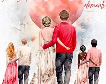 May include: Watercolour illustration of four couples walking hand-in-hand. The couples are all dressed in casual clothing and are surrounded by red heart-shaped balloons. The text "Love Couples" and "72 elements" is visible in the image.