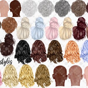 May include: A set of 28 digital illustrations of different hairstyles, including buns, braids, and wavy hair. The hairstyles are shown from the back and are perfect for creating custom avatars or illustrations.
