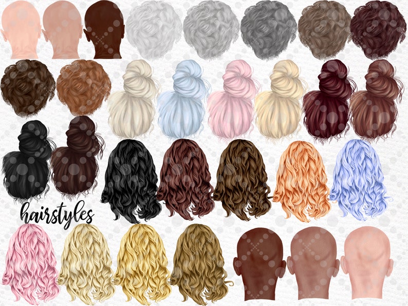 May include: A set of 28 digital illustrations of different hairstyles, including buns, braids, and wavy hair. The hairstyles are shown from the back and are perfect for creating custom avatars or illustrations.