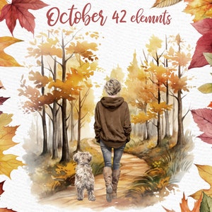 Puede incluir: Una ilustración de acuarela de una mujer caminando con un perro pequeño por un sendero a través de un bosque. Los árboles están pintados en tonos de amarillo y naranja, y las hojas en el suelo son una mezcla de rojo, naranja y amarillo. El texto "October 42 elements" está escrito en la esquina superior derecha de la imagen.