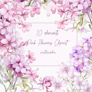 Imágenes prediseñadas de flores de color lila en acuarela: "FLORES ROSAS CLIPART" Ramas de color lila Png Marcos florales de color lila Bordes de color lila Png Coronas prediseñadas Clipart