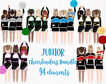 May include: A digital illustration of a set of 94 cheerleading elements, including cheerleaders in various poses and pom-poms in different colors. The text "JUNIOR cheerleaders Bundle 94 elements" is displayed in blue.