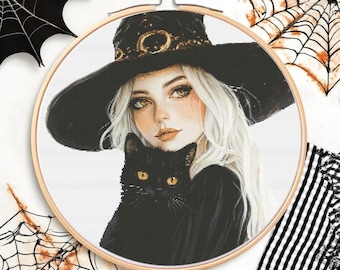 Witch Cross Stitch Pattern Pdf: "HALLOWEEN CROSS STITCH" Black Cat and Witch Cross Stitch Modern Cross Stitch Punto de Cruz Witch with Cat