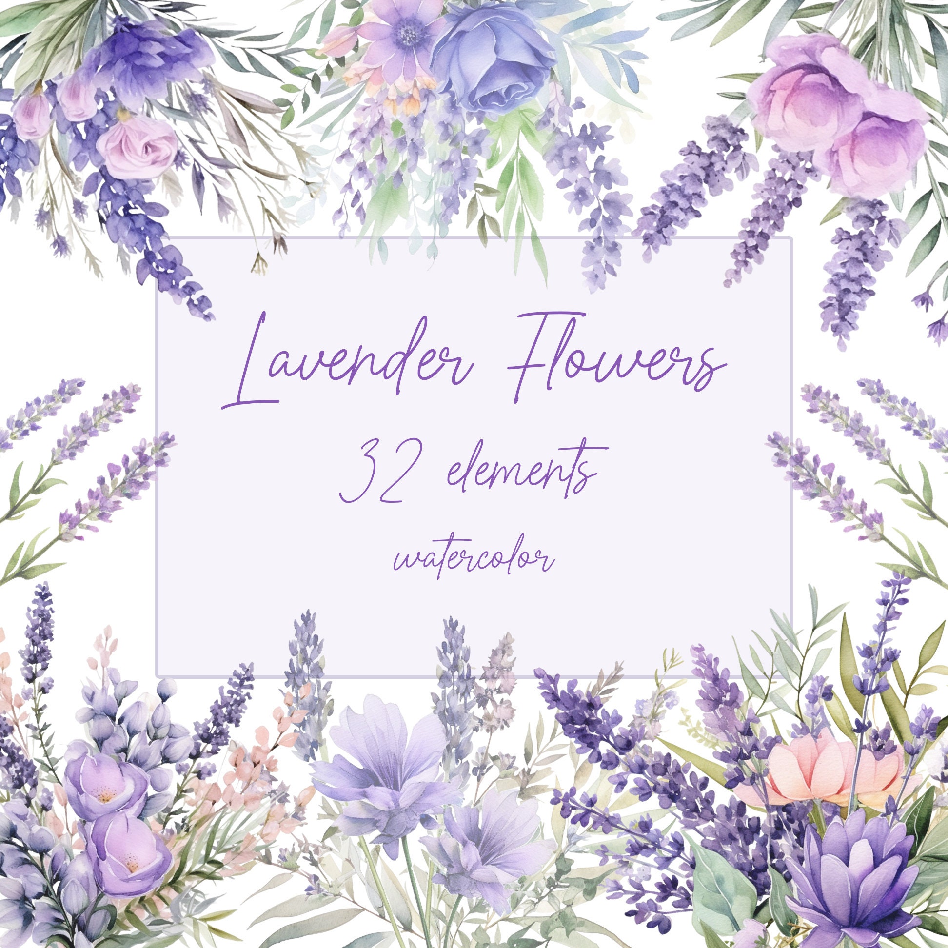 Watercolor Lavender Floral Clipart: "WILD FLOWERS CLIPART" Lavender bouquets Png Premade Clipart Purple Wild Flowers Lavander Floral Frames