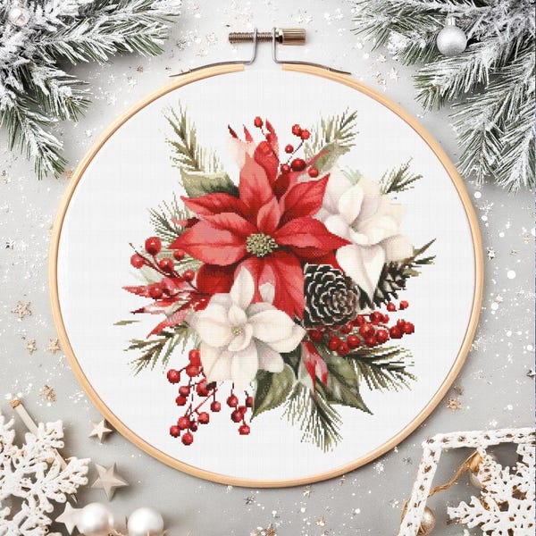 Christmas Poinsettia Cross Stitch Pattern: Holiday Candle Embroidery (PDF)
