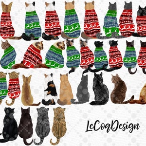 May include: A digital illustration of 28 cats wearing various Christmas sweaters with different patterns. The cats are in various poses, some sitting, some standing, and some looking at the viewer. The background is a white snowy scene.