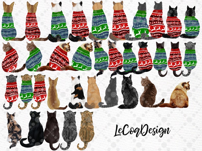 May include: A digital illustration of 28 cats wearing various Christmas sweaters with different patterns. The cats are in various poses, some sitting, some standing, and some looking at the viewer. The background is a white snowy scene.