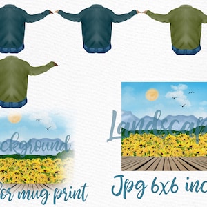May include: Three different coloured shirts with a blue denim bottom. A watercolour landscape with a field of sunflowers and a wooden dock. The text "Landscape" is written in blue and the text "Jpg 6x6 inches" is written in blue. The text "background" is written in blue and the text "png for mug print" is written in blue.