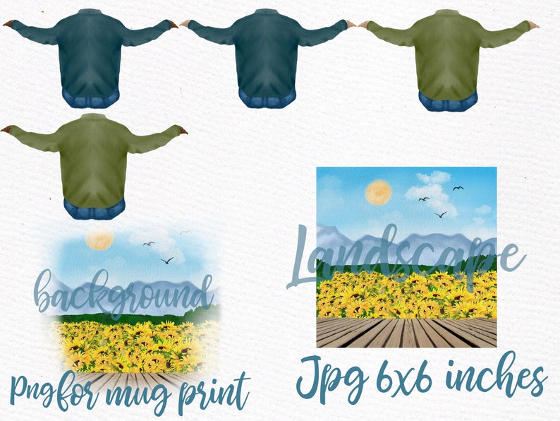 May include: Three different coloured shirts with a blue denim bottom. A watercolour landscape with a field of sunflowers and a wooden dock. The text "Landscape" is written in blue and the text "Jpg 6x6 inches" is written in blue. The text "background" is written in blue and the text "png for mug print" is written in blue.