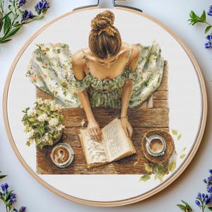 Girl Reading Book Cross Stitch Pattern: &quot;GIRL WITH BOOK&quot; Girl Cross Stitch Pdf Reading girl cross stitch pattern Woman Reading Book Stitch