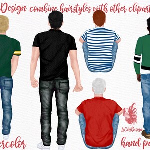 May include: Five watercolor illustrations of men in different poses and clothing. The men are wearing a variety of shirts, including a green shirt with yellow stripes, a black shirt, a blue and white striped shirt, a red shirt, and a green and black sweater. They are all wearing blue jeans. The illustrations are hand-painted and have a watercolor effect.