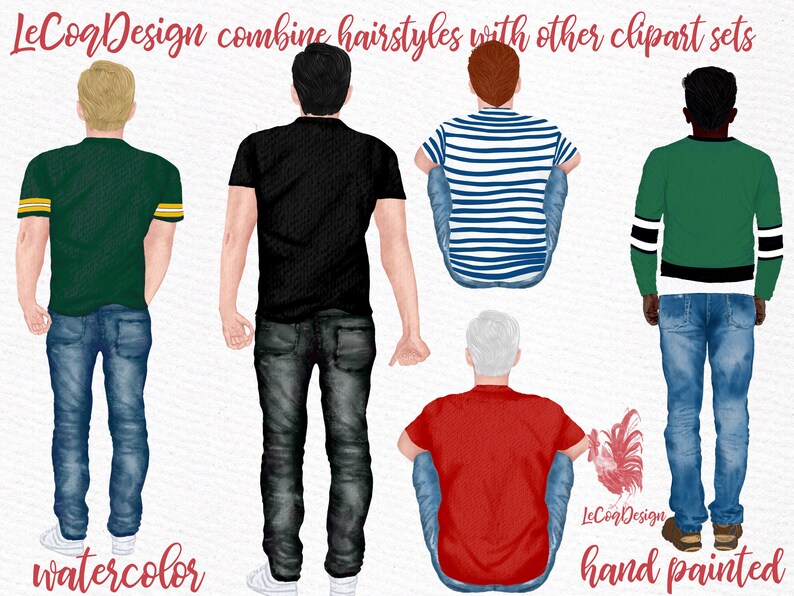 May include: Five watercolor illustrations of men in different poses and clothing. The men are wearing a variety of shirts, including a green shirt with yellow stripes, a black shirt, a blue and white striped shirt, a red shirt, and a green and black sweater. They are all wearing blue jeans. The illustrations are hand-painted and have a watercolor effect.