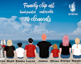 Family clipart: &quot;PEOPLE CLIPART&quot; People sitting Beach Landscape Dad Mom Children Watercolor people  Siblings clipart  Family Mug designs