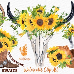 May include: Watercolor clip art featuring a cow skull with sunflowers, a cowboy boot, a horseshoe, a cowboy hat, and a wagon wheel. The words "Adventure Awaits" are included. The image has a rustic, country theme.